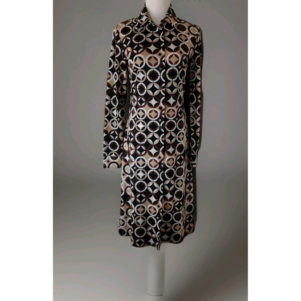 Teeze Me Sz M Button Front Shift Dress Geometric Long Sleeve 70s Brown Mod Y2k